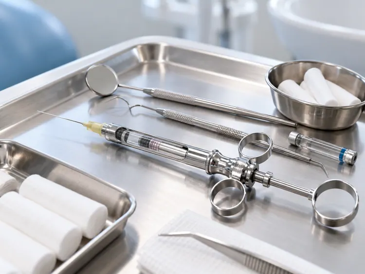 An anesthetic syringe and dental instruments on a stainless steel tray