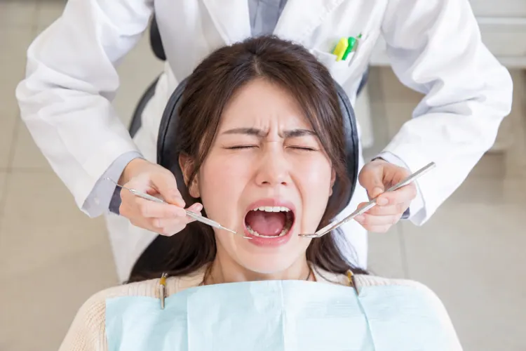A woman struggling with her mouth wide open