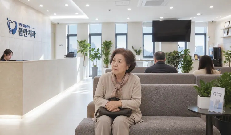 An older adult sitting on a sofa in a dental waiting room