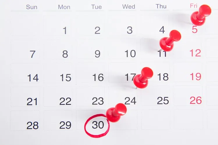 A calendar with red pins on several dates