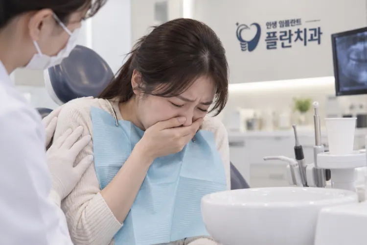 A woman covering her mouth as she gags