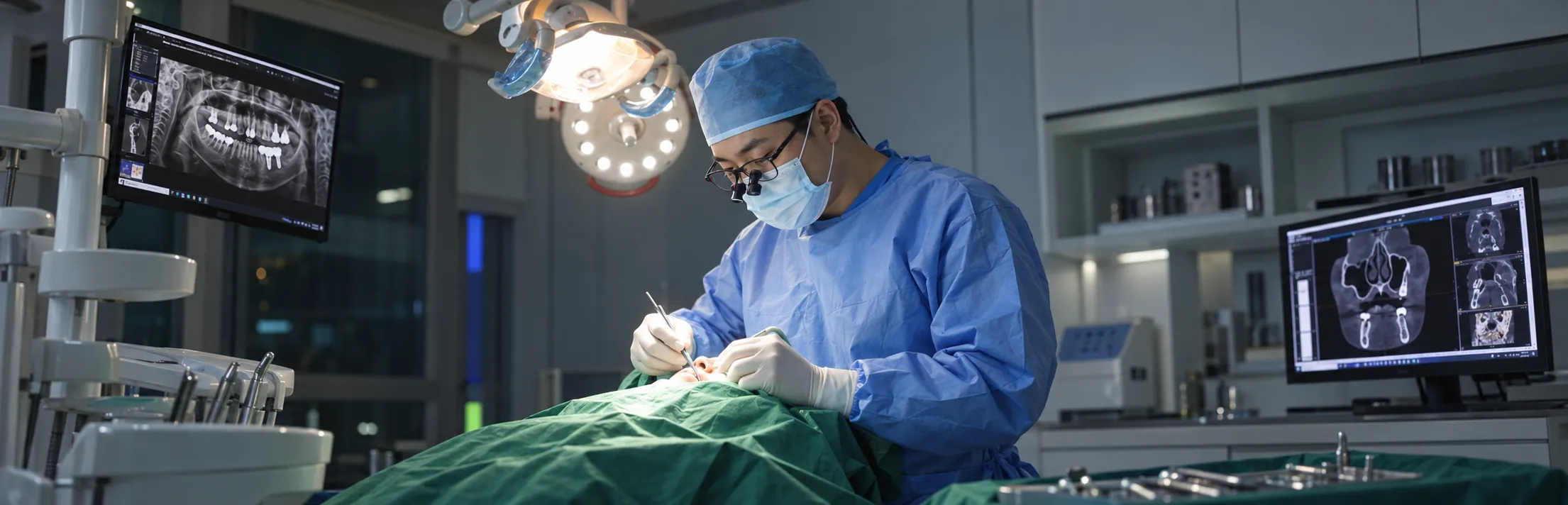 Dentists performing implant surgery in the operating room with CT images on a monitor