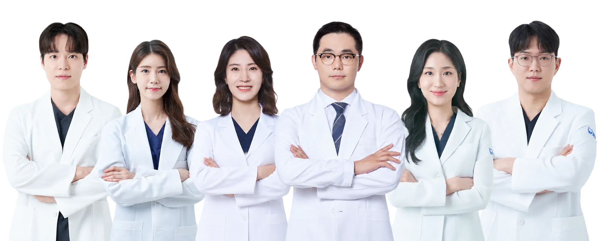 Group photo of the six dentists of Plan Dental Clinic Seoul standing side by side in white coats with arms crossed