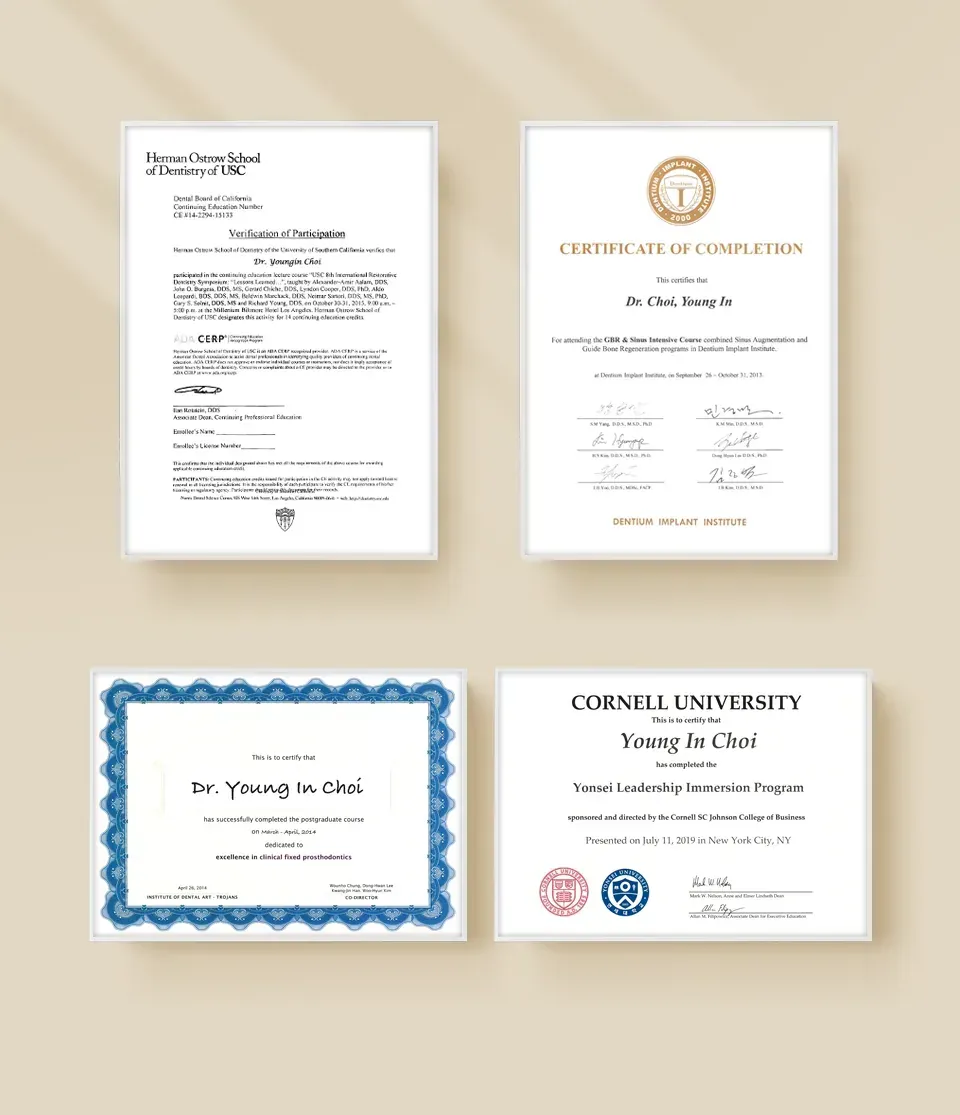 Certificates from the USC School of Dentistry, the Dentium Implant Institute, the Institute of Dental Art (Chiyewon) and Cornell University